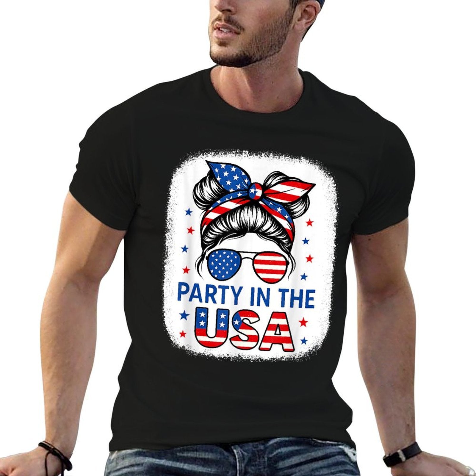 Party In USA Girls 4th of July Daughter Messy Bun USA  Breathable T-Shirt