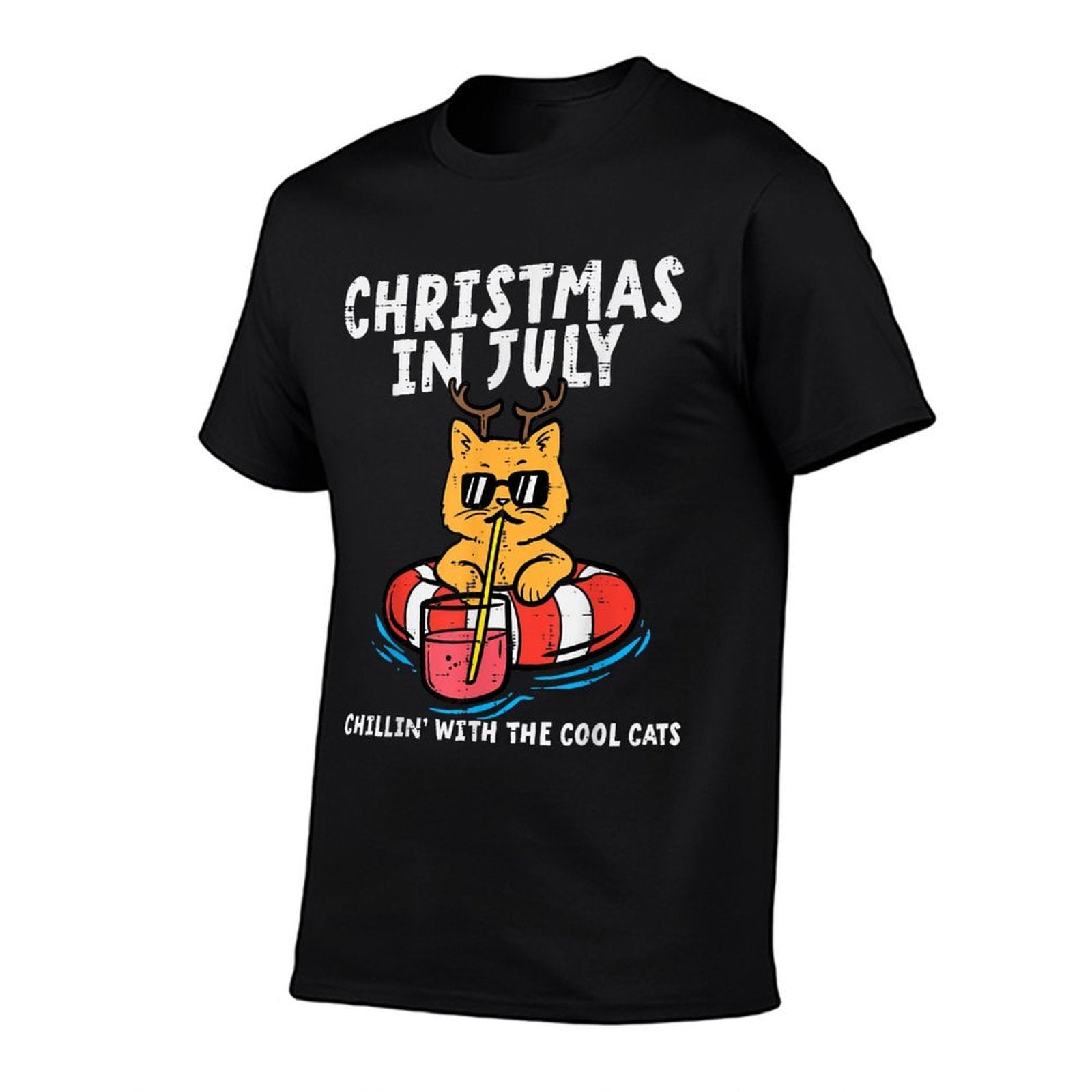 Christmas In July Chillin Cool Cats Funny Meowy Xmas Summer  Ribbed Collar T-Shirt