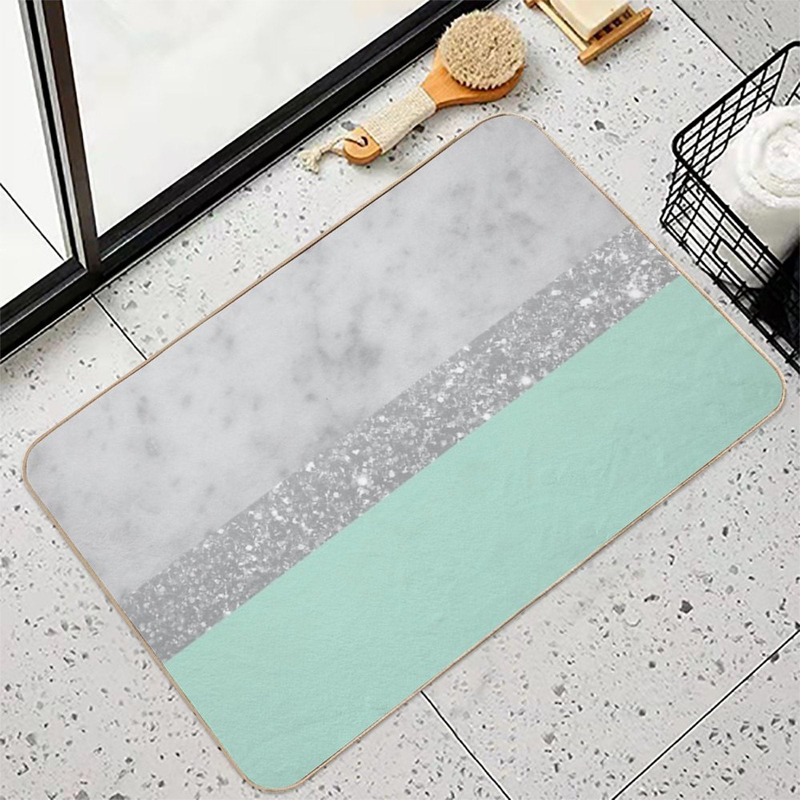 White Marble Mint Silver Stripe Glam #1 (Photo of Glitter Only - Not Reflective)  Easy Maintenance Bath Mat