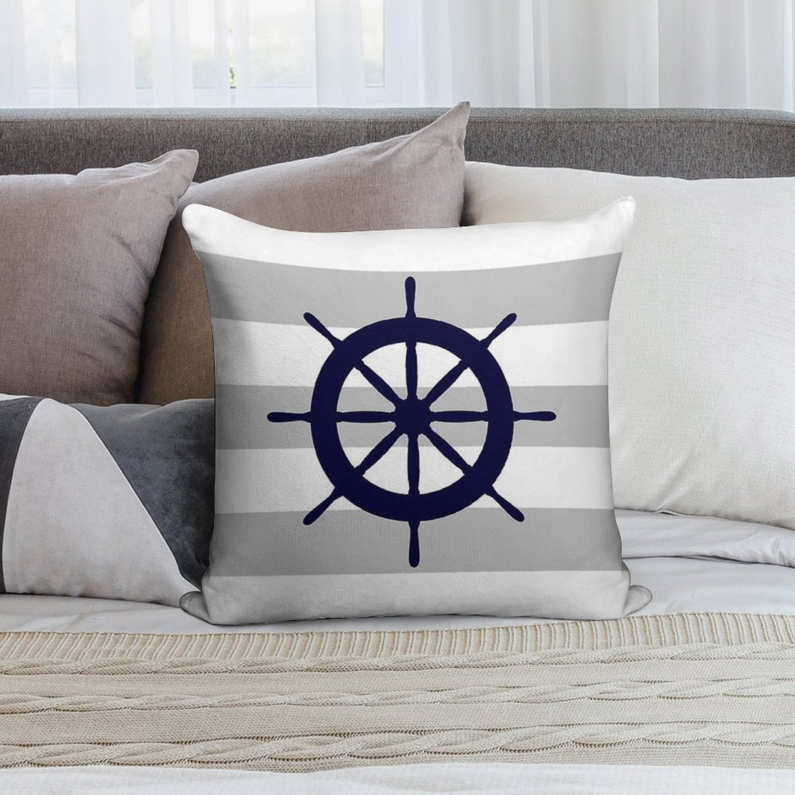 Nautical Navy Blue Ship's Wheel On Gray Stripes Soft Luxury Feel Throw Pillow