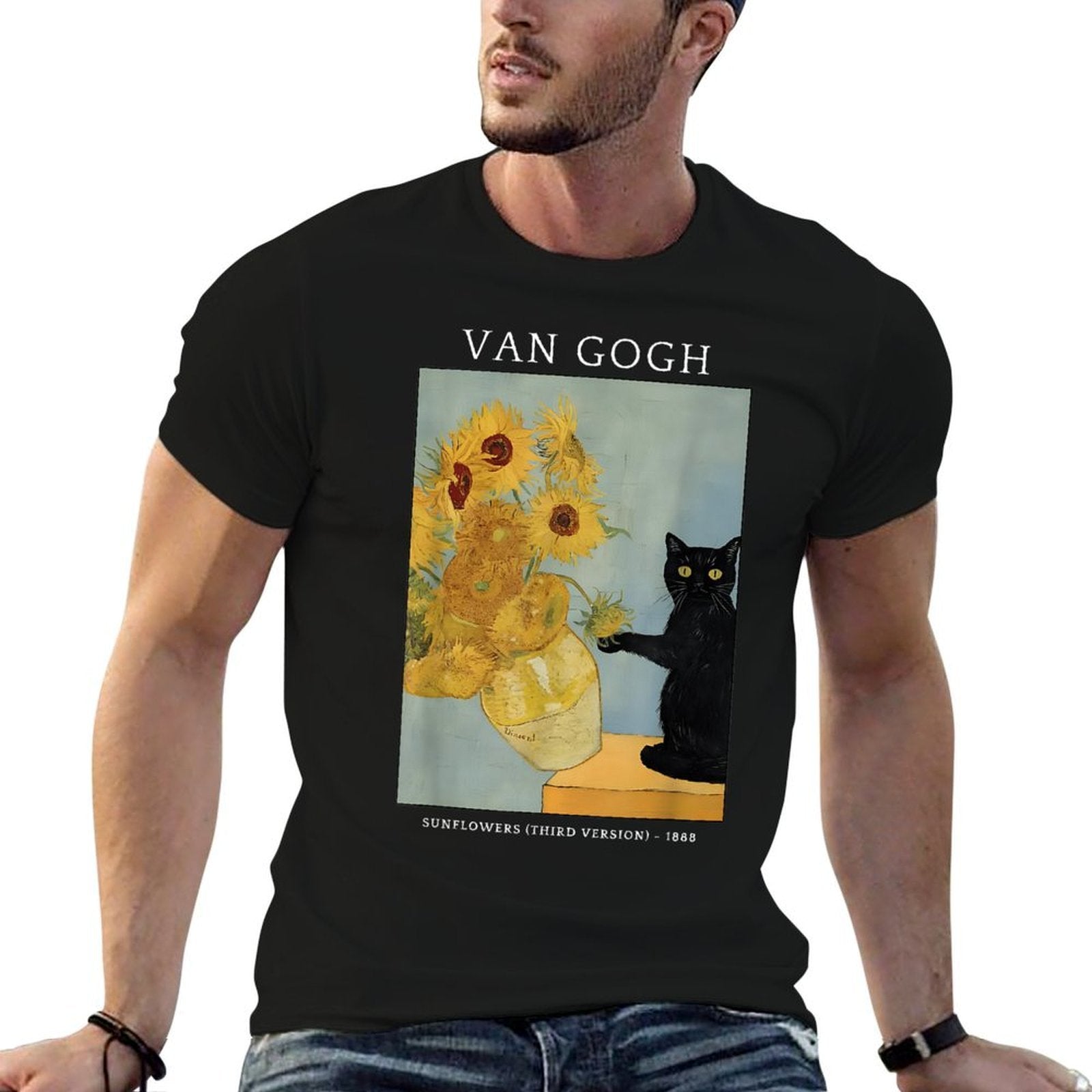 Funny Van Gogh Sunflowers Cat Meme Van Gogh Art Graphic Men Women Kids Comfortable T-Shirt
