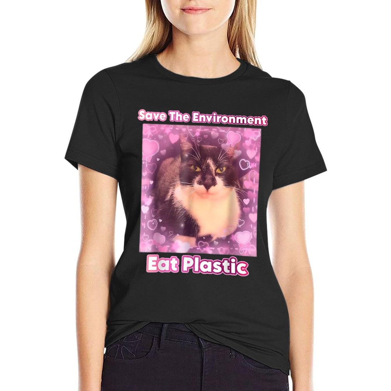 Save The Environment Eat Plastic Cat Meme Funny Memes Gen Z  Easy-care T-Shirt