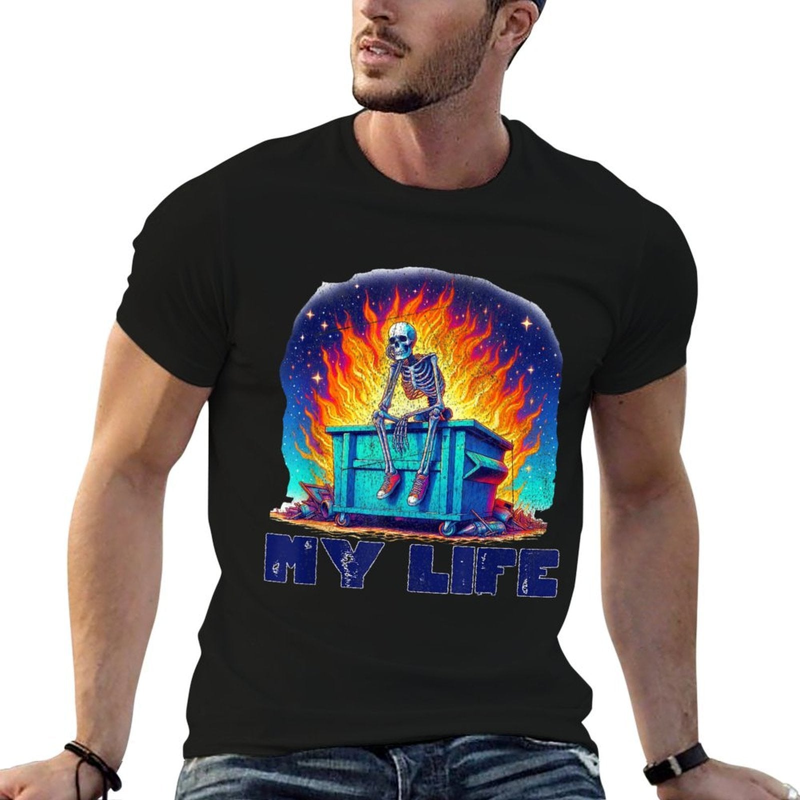 Skeleton Dumpster Fire My Life Sarcastic Meme Sus Bro Gamer  Summer-ready Fabric T-Shirt