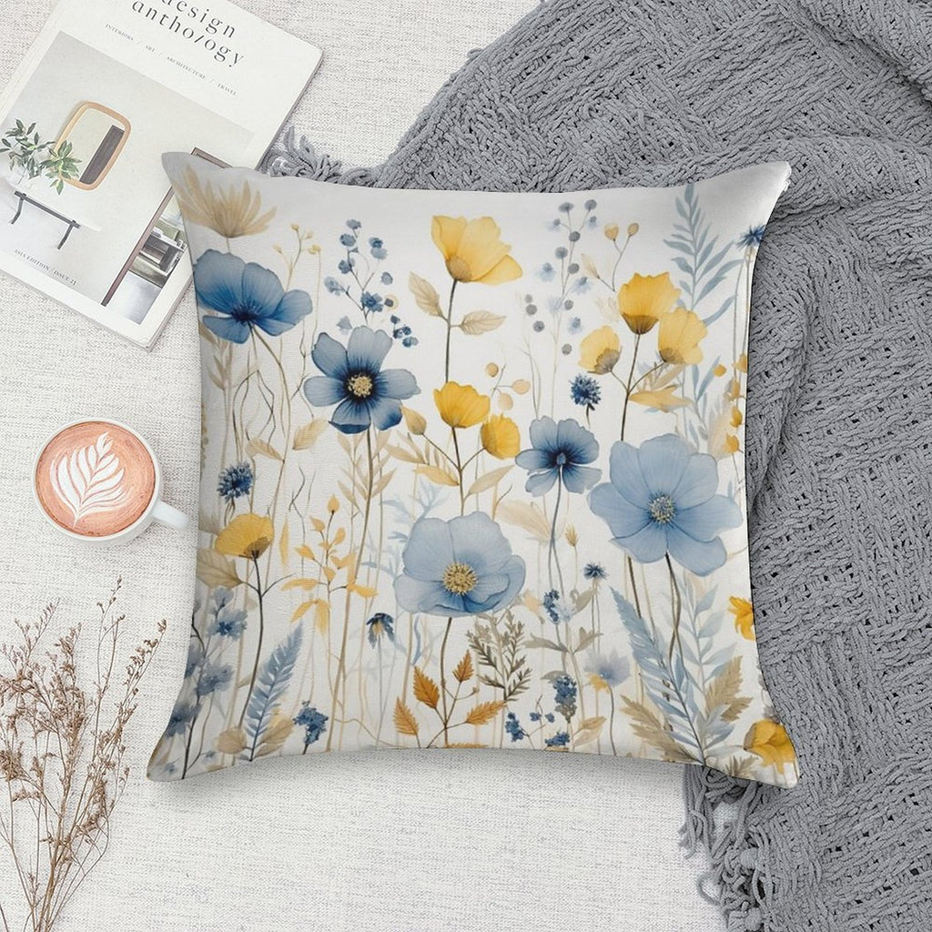 Blue And Yellow Wildflowers, Watercolour  Boho Flowers Soft Ultra-Soft Texture Throw Pillow