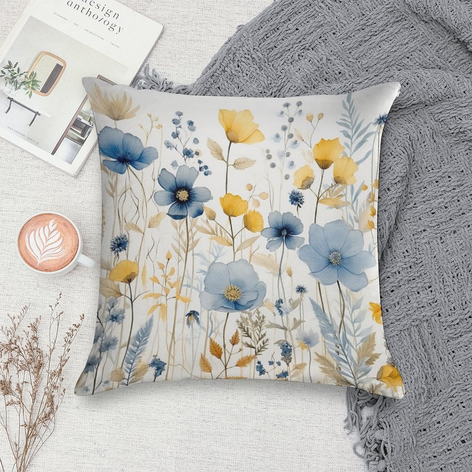 Blue And Yellow Wildflowers, Watercolour  Boho Flowers Soft Ultra-Soft Texture Throw Pillow