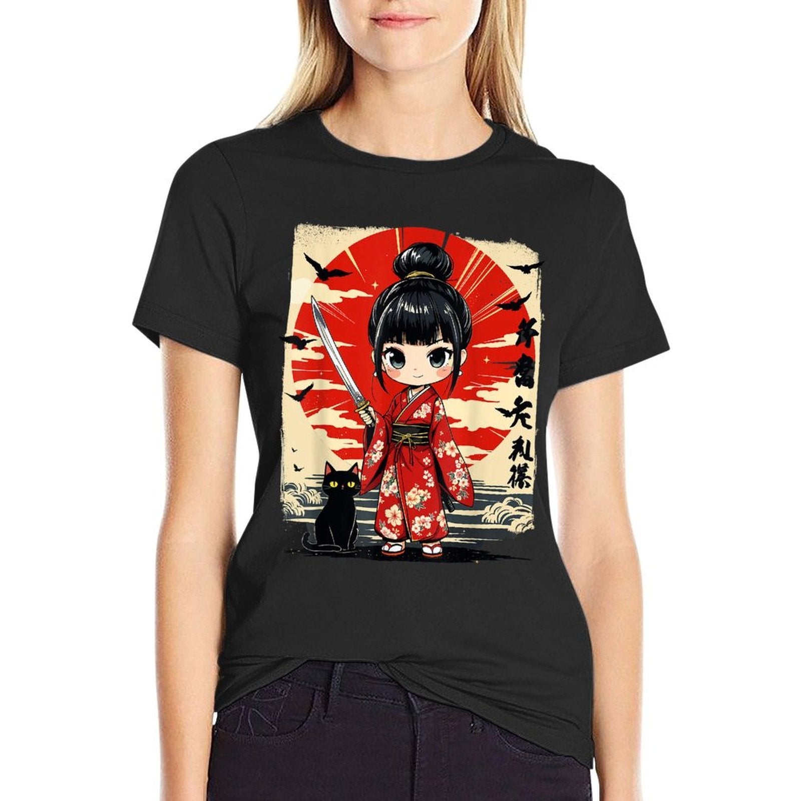 Cute Kawaii Samurai Girl And Cat Japanese Anime Kids Girls  Affordable Price T-Shirt