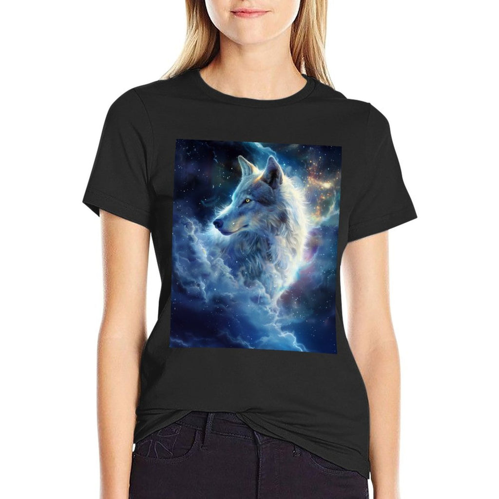 Alpha Galaxy Wolf Dark Fantasy Space Graphic Wolf Lovers  Rolled Sleeves T-Shirt