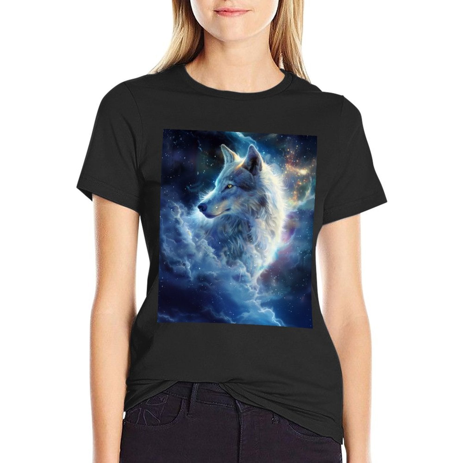 Alpha Galaxy Wolf Dark Fantasy Space Graphic Wolf Lovers  Rolled Sleeves T-Shirt