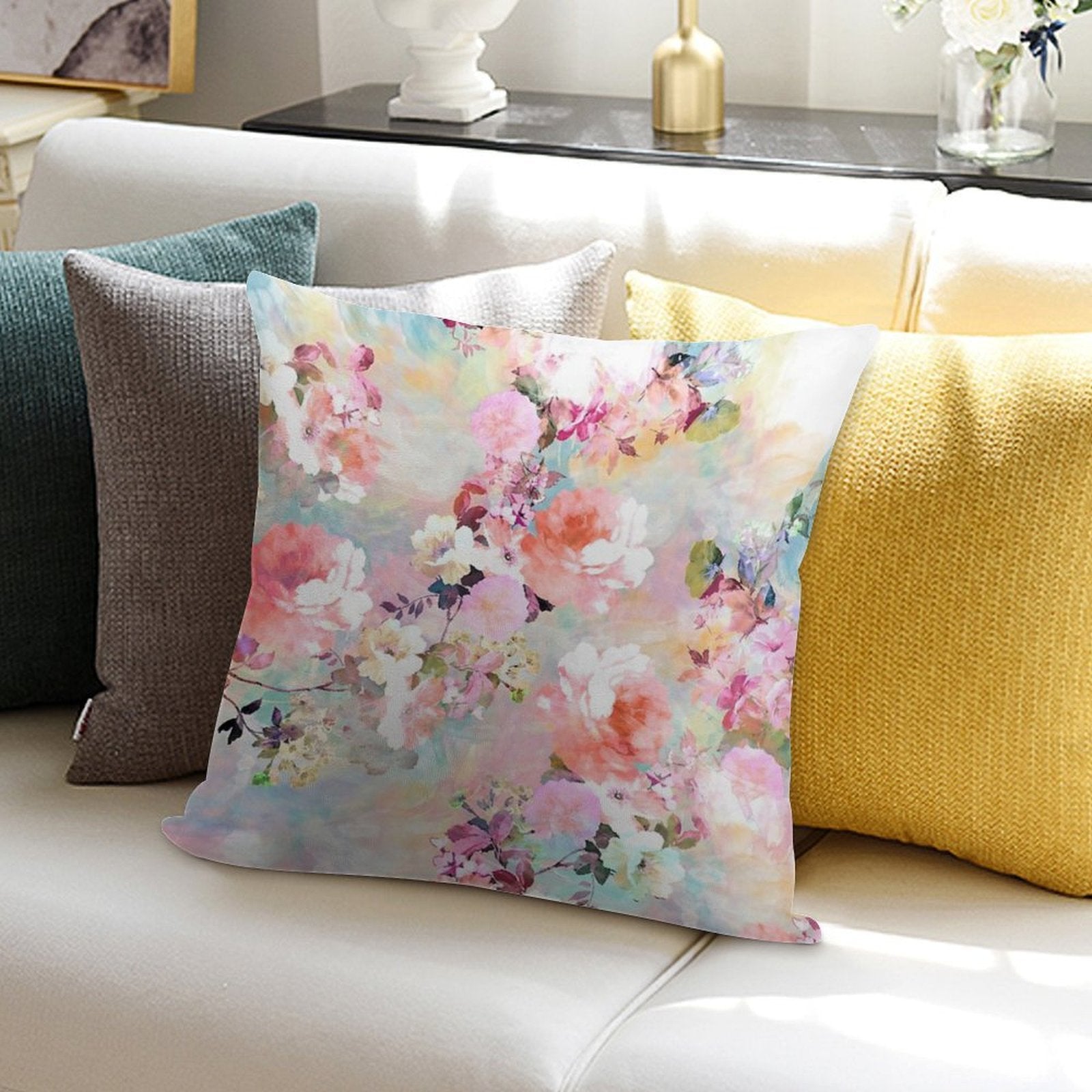Romantic Pink Teal Watercolor Chic Floral Pattern Soft Reinforced Edging Throw Pillow