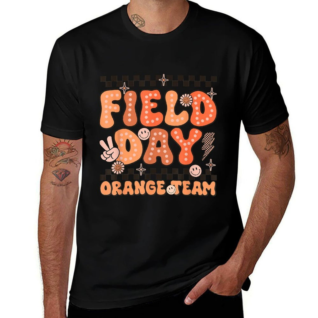 Field Day Orange Team Groovy Smile Face Checkered Students  Cotton T-Shirt