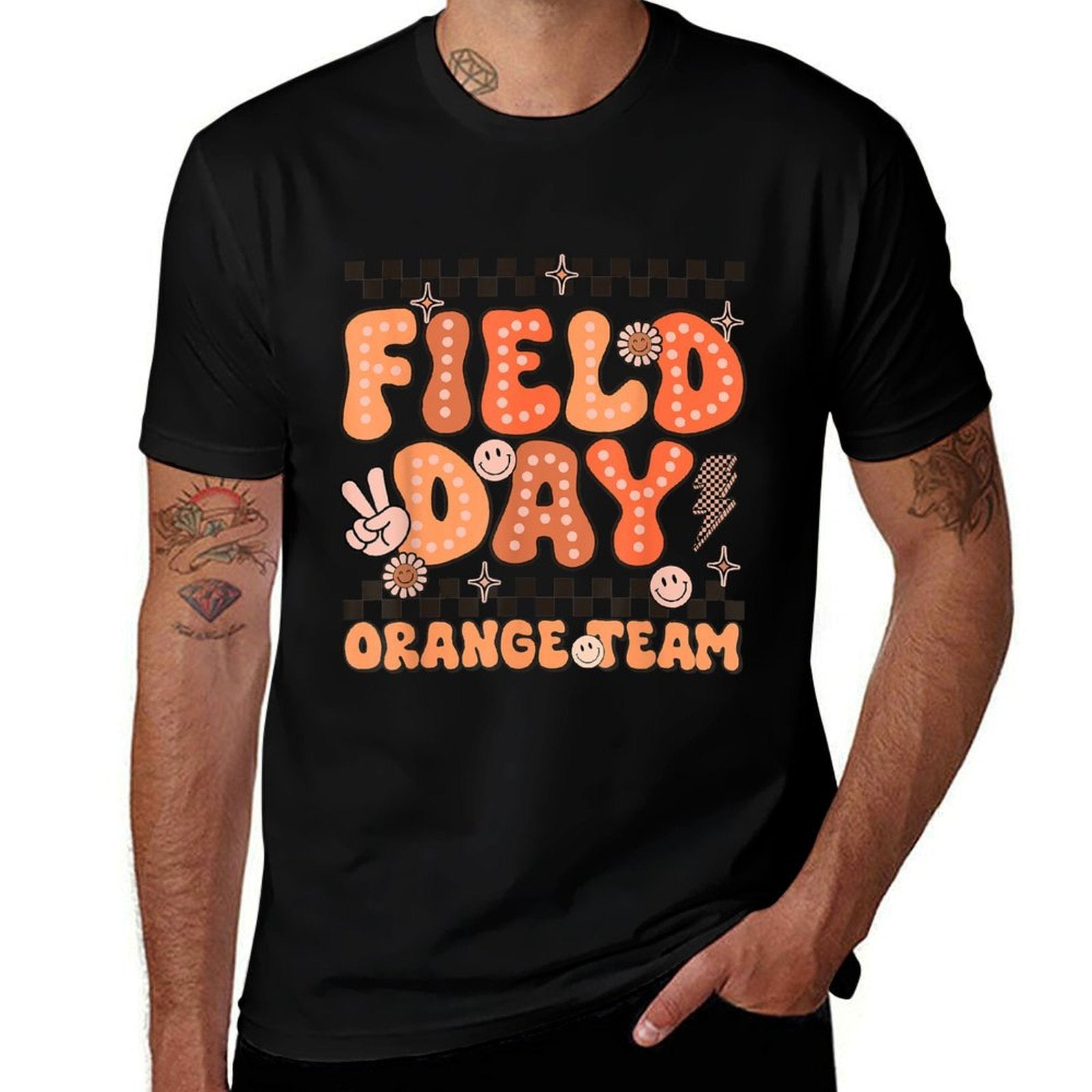 Field Day Orange Team Groovy Smile Face Checkered Students  Cotton T-Shirt
