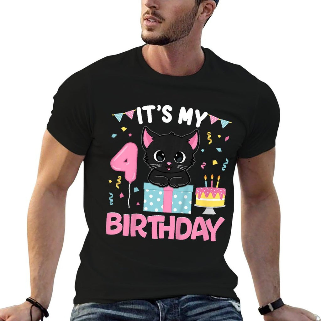 Kids Its My 4th Birthday Girl Cat Birthday 4 Year Old BDay Party  Summer-ready Fabric T-Shirt
