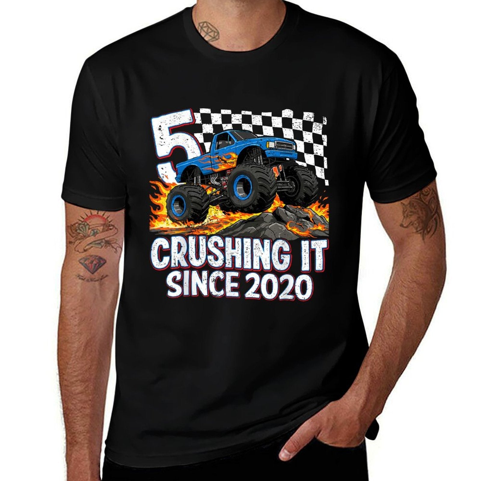 5th Birthday Monster Truck 5 Year Old Boys Party Born 2020  High-quality Stitching T-Shirt