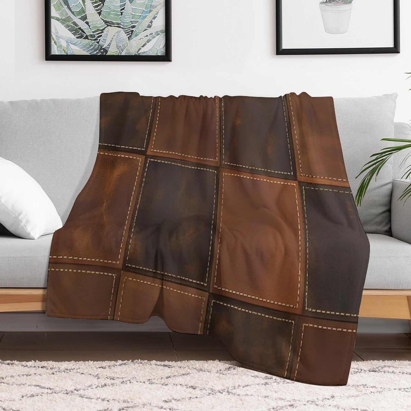 Distressed Leather Patchwork with Stitch Detail Velvety-soft Throw Blanket