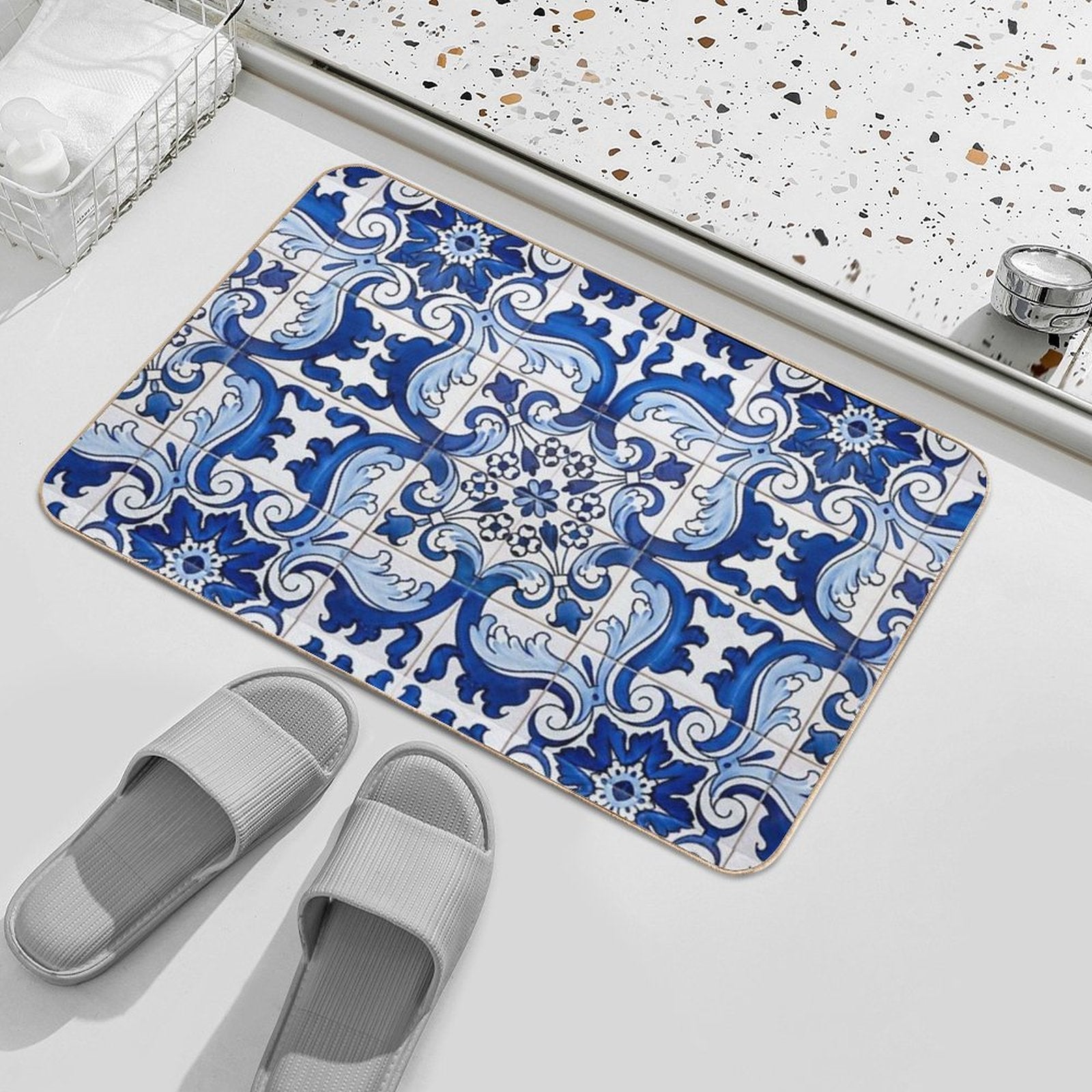 Antique Classic Lisbon Blue Azulejo Tile Floral Pattern  Stain-Proof Bath Mat