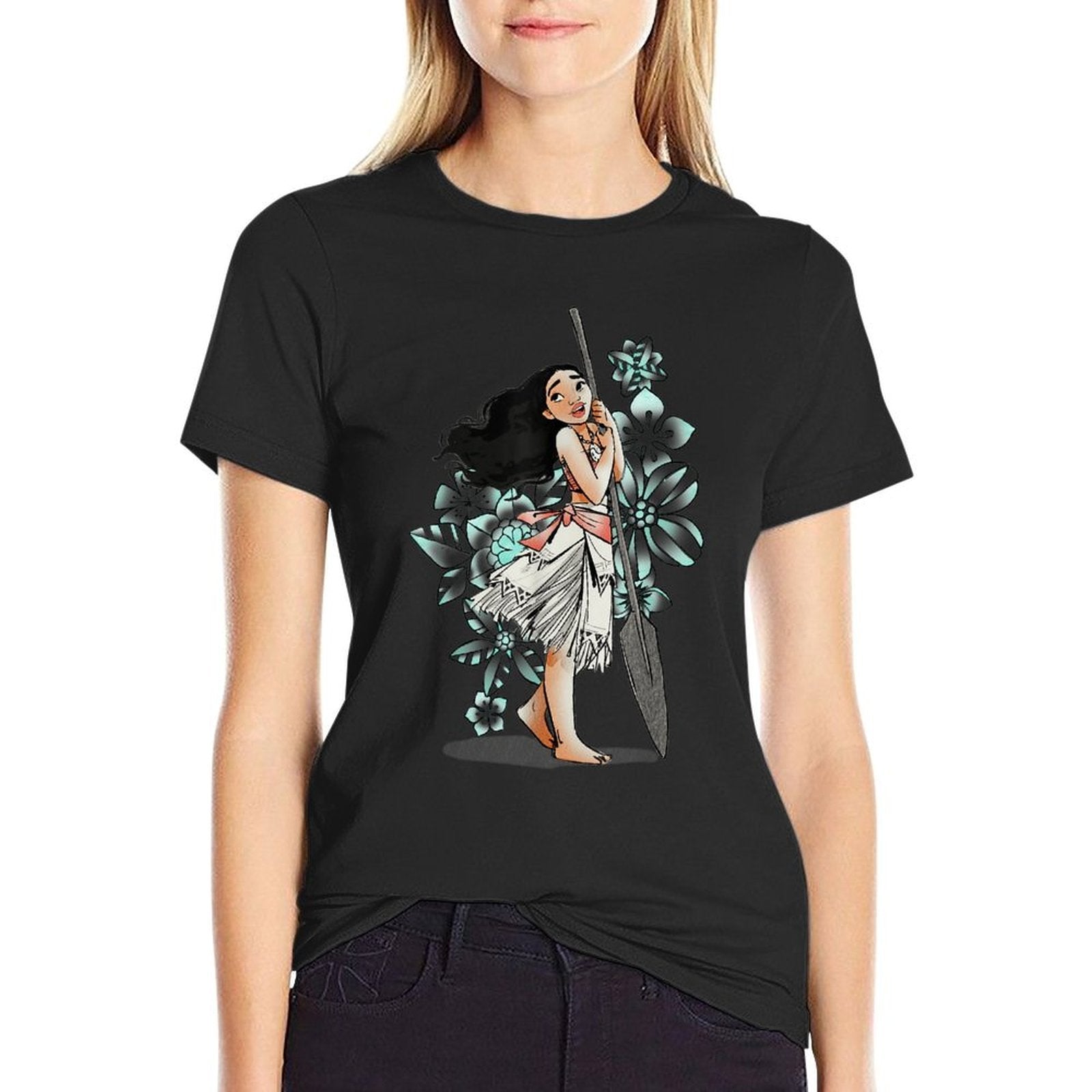 Disney Moana Tropical Floral Line Art Voyager Portrait  Oversized Silhouette T-Shirt