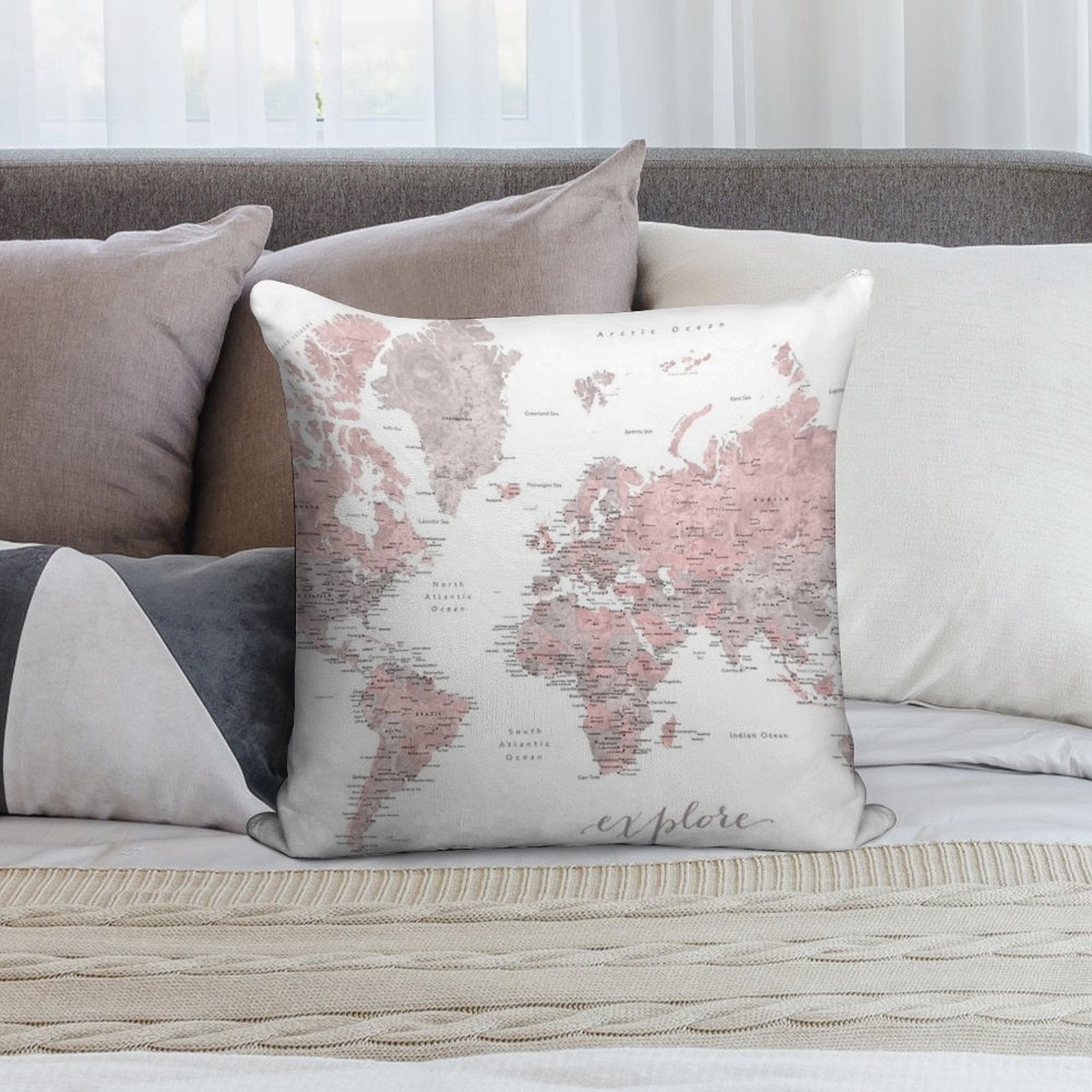 Explore - Dusty Pink And Grey Watercolor World Map, Detailed Soft Fade-Resistant Throw Pillow