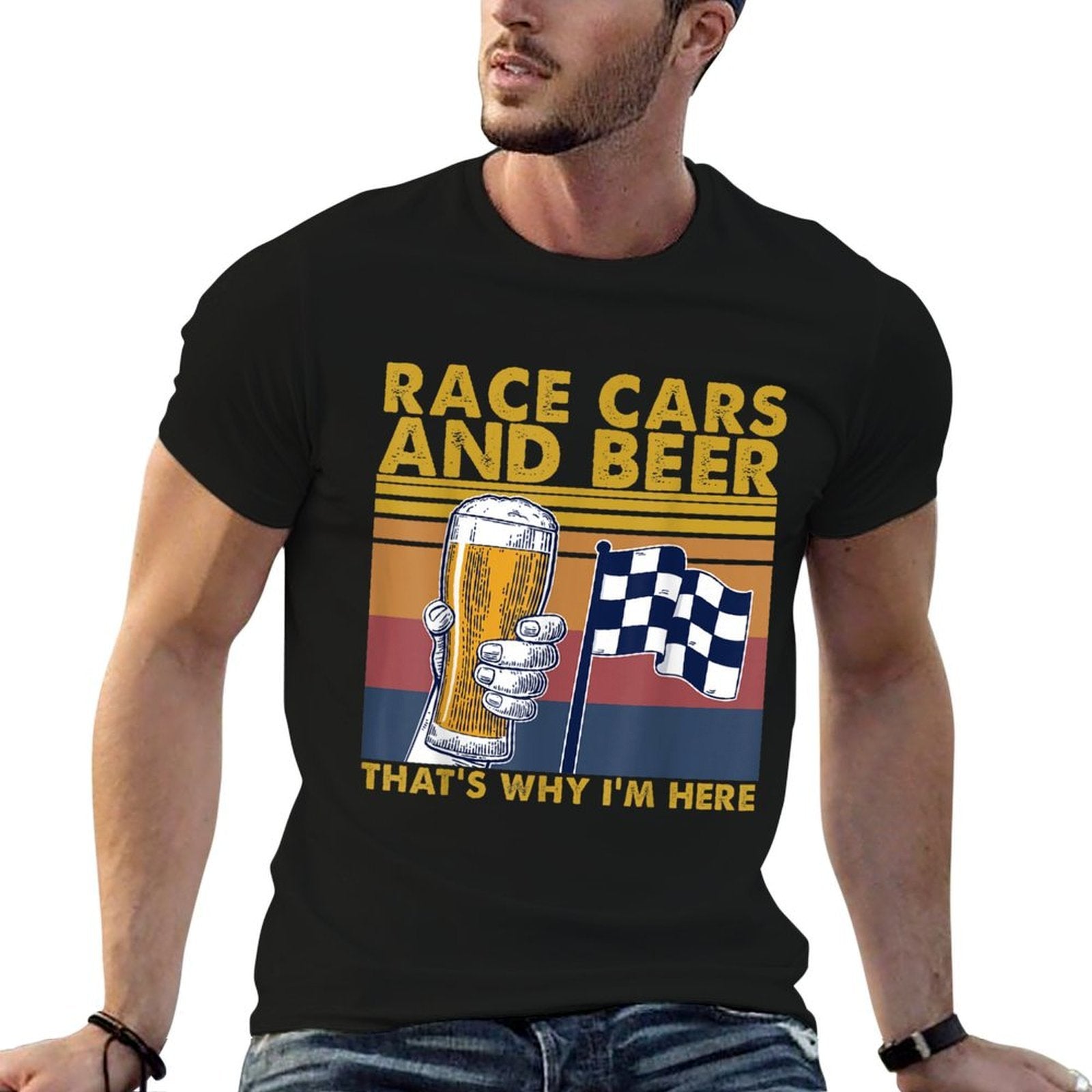 Vintage Race Cars Checkered Beer That's Why I'm Here  Rolled Sleeves T-Shirt