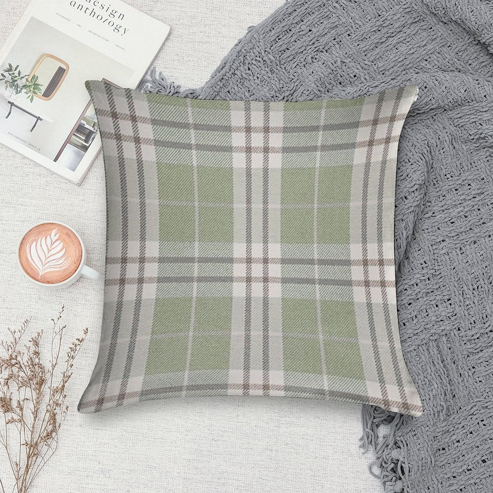 Sage Green Plaid Soft Anti-Pilling Throw Pillow