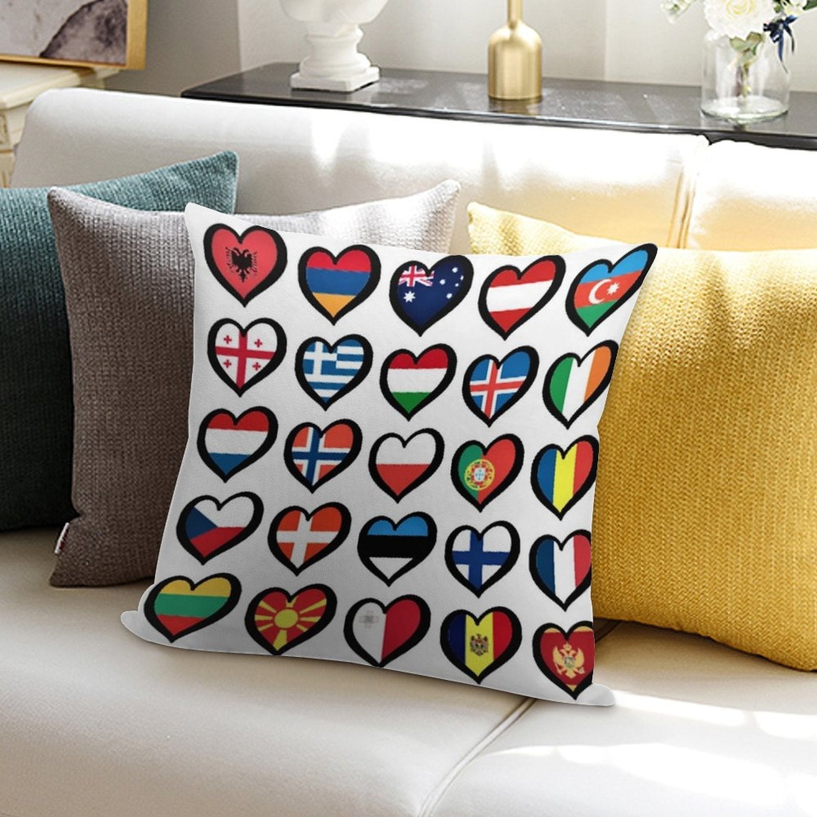 Eurovision Song Contest Flags Hearts ESC EBU Eurofans Soft Hidden Zipper Throw Pillow