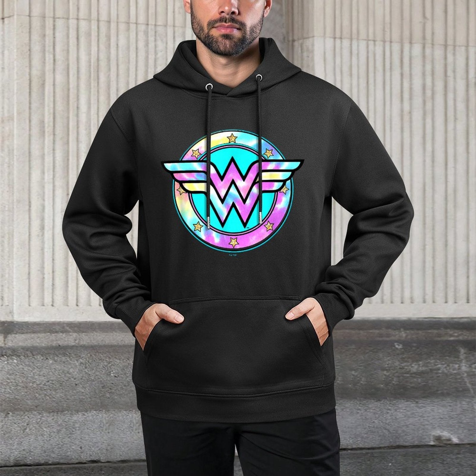 DC Comics Wonder Woman Rainbow Tie Dyed Superhero Badge Medium-Weight Fabric Hoodie