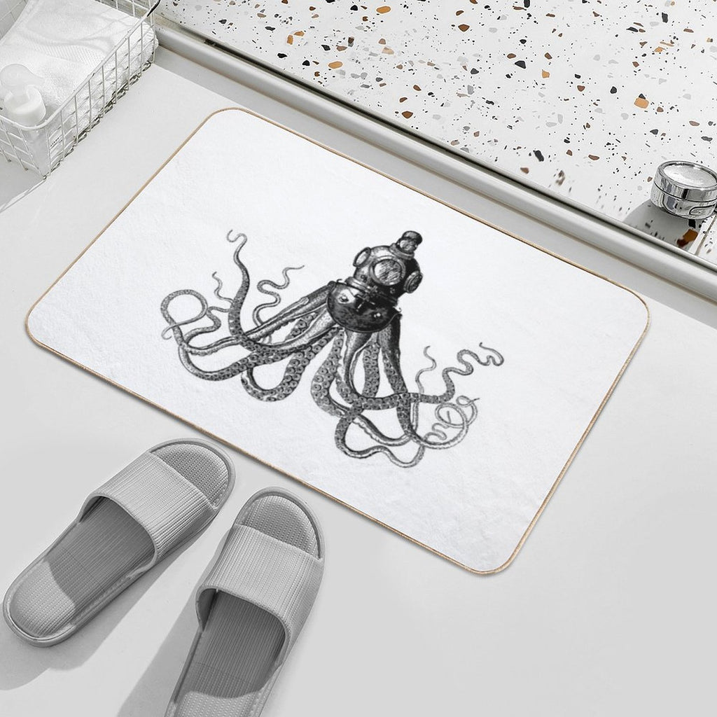 Octopus in Diving Helmet  Deep Sea Divers Helmet  Vintage Octopus  Tentacles  Anthropomorphic  Black And White Durable Bath Mat