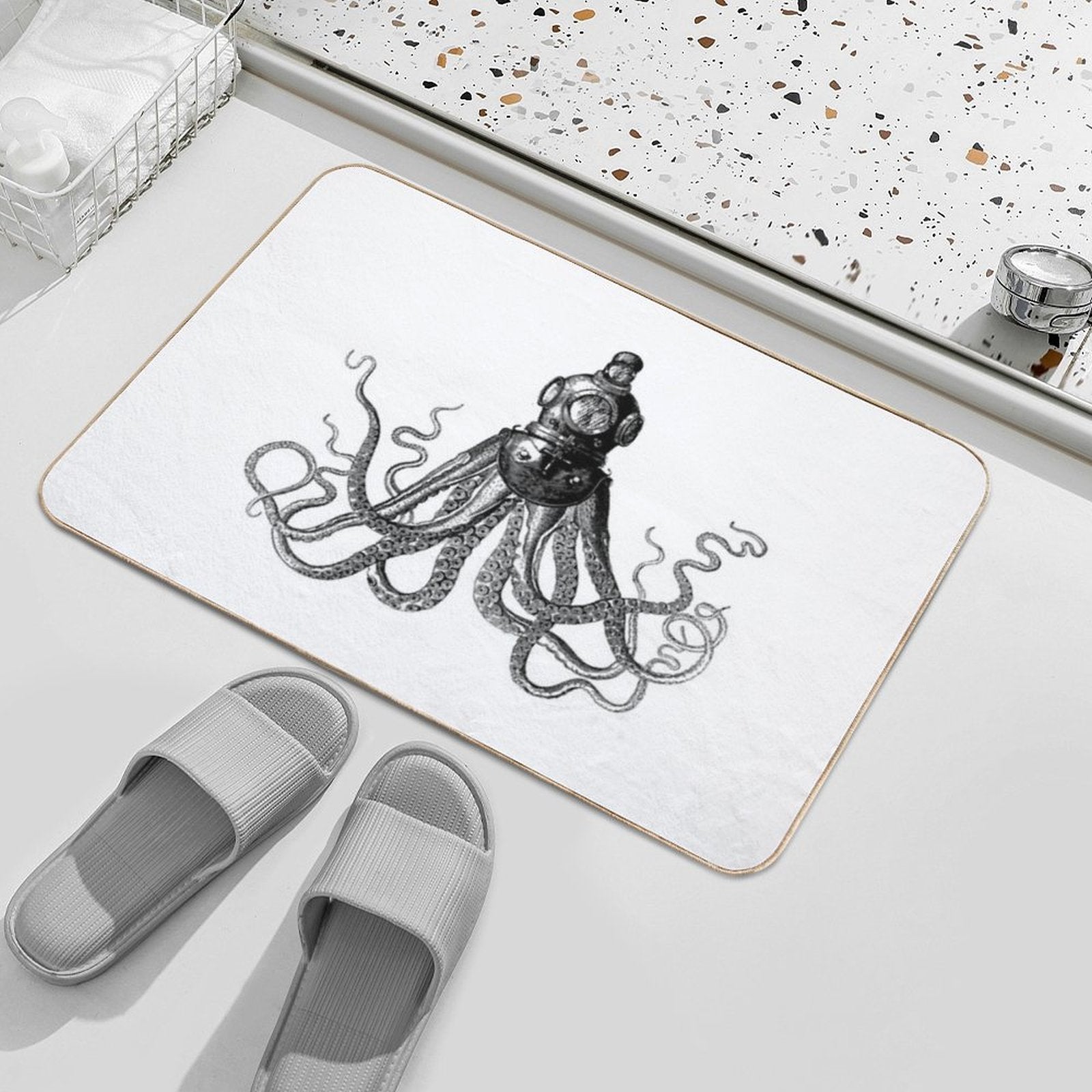 Octopus in Diving Helmet  Deep Sea Divers Helmet  Vintage Octopus  Tentacles  Anthropomorphic  Black And White Durable Bath Mat