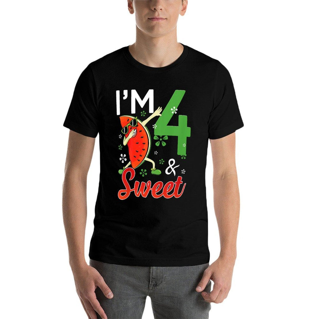 Kids Cute I'm 4 Years Old & Sweet Dabbing Watermelon 4th Birthday  Summer-ready Fabric T-Shirt