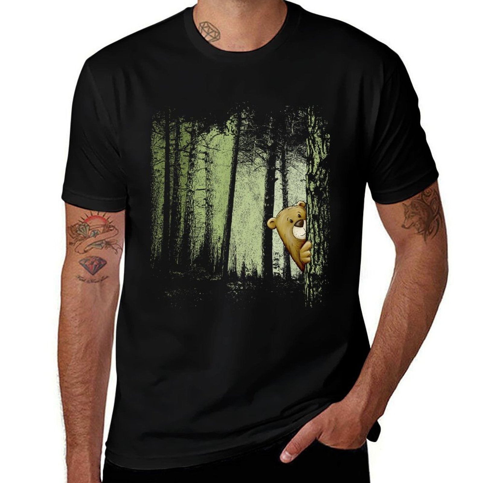 Funny Cute Cartoon Bear Hiding In Twilight Forest Outdoor  Eco-friendly Material T-Shirt