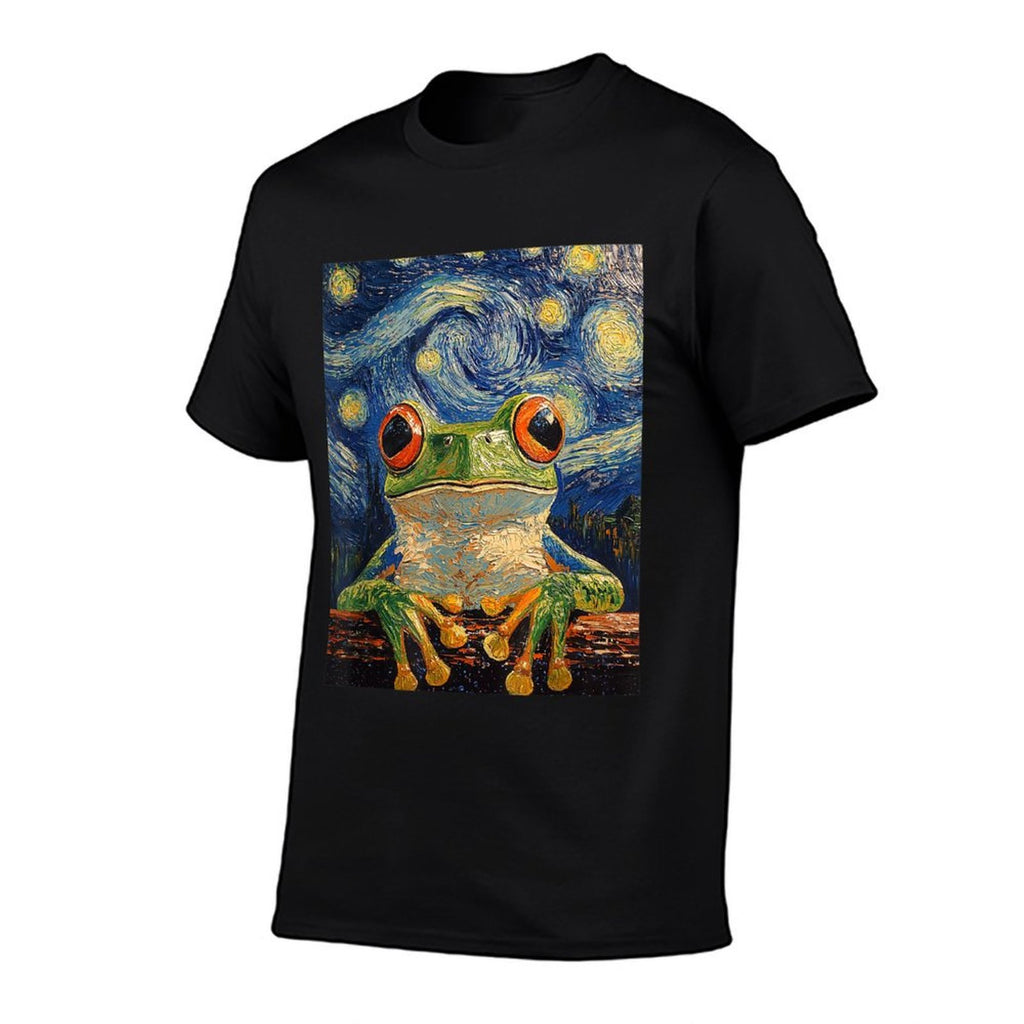 Funny Frog Graphic - Van Gogh Style - Starry Night  Rolled Sleeves T-Shirt