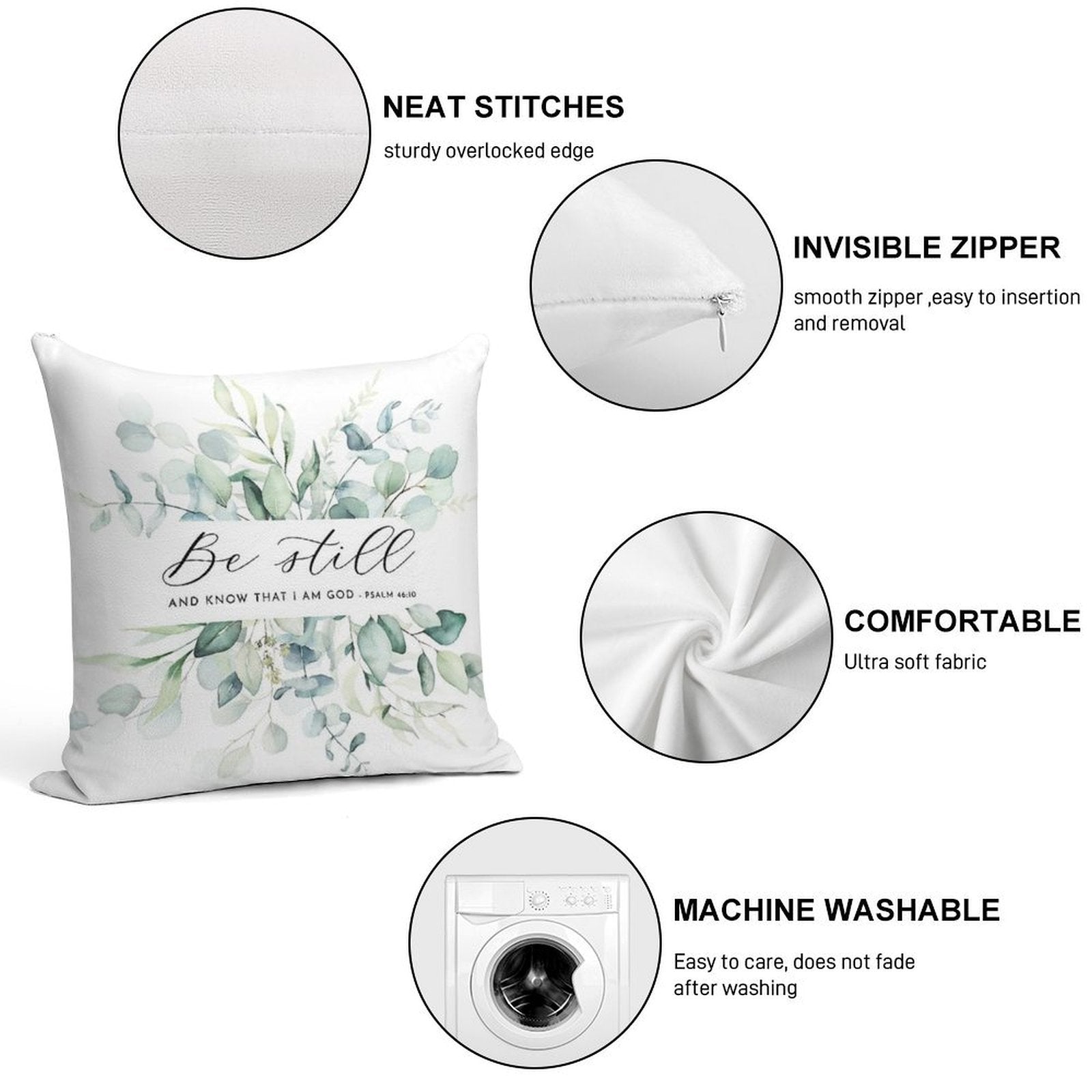 Be Still Psalm 4610 Bible Verse Art Soft Hidden Zipper Throw Pillow