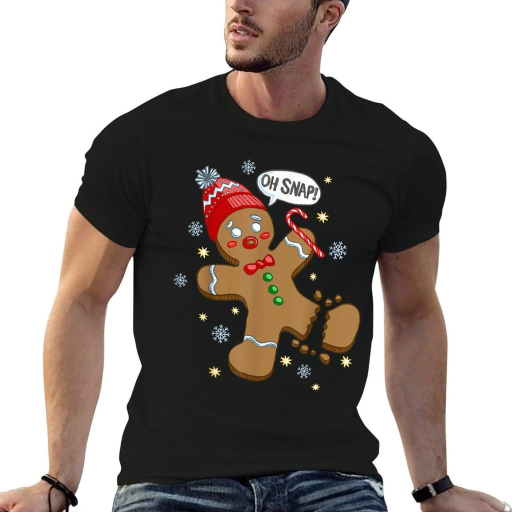 Trendy Holiday Apparel Gingerbread Man Oh Snap Christmas - Mens Unisex Adults Black Solid Crew Neck Classic Fit Pull On Christma  Breathable T-Shirt