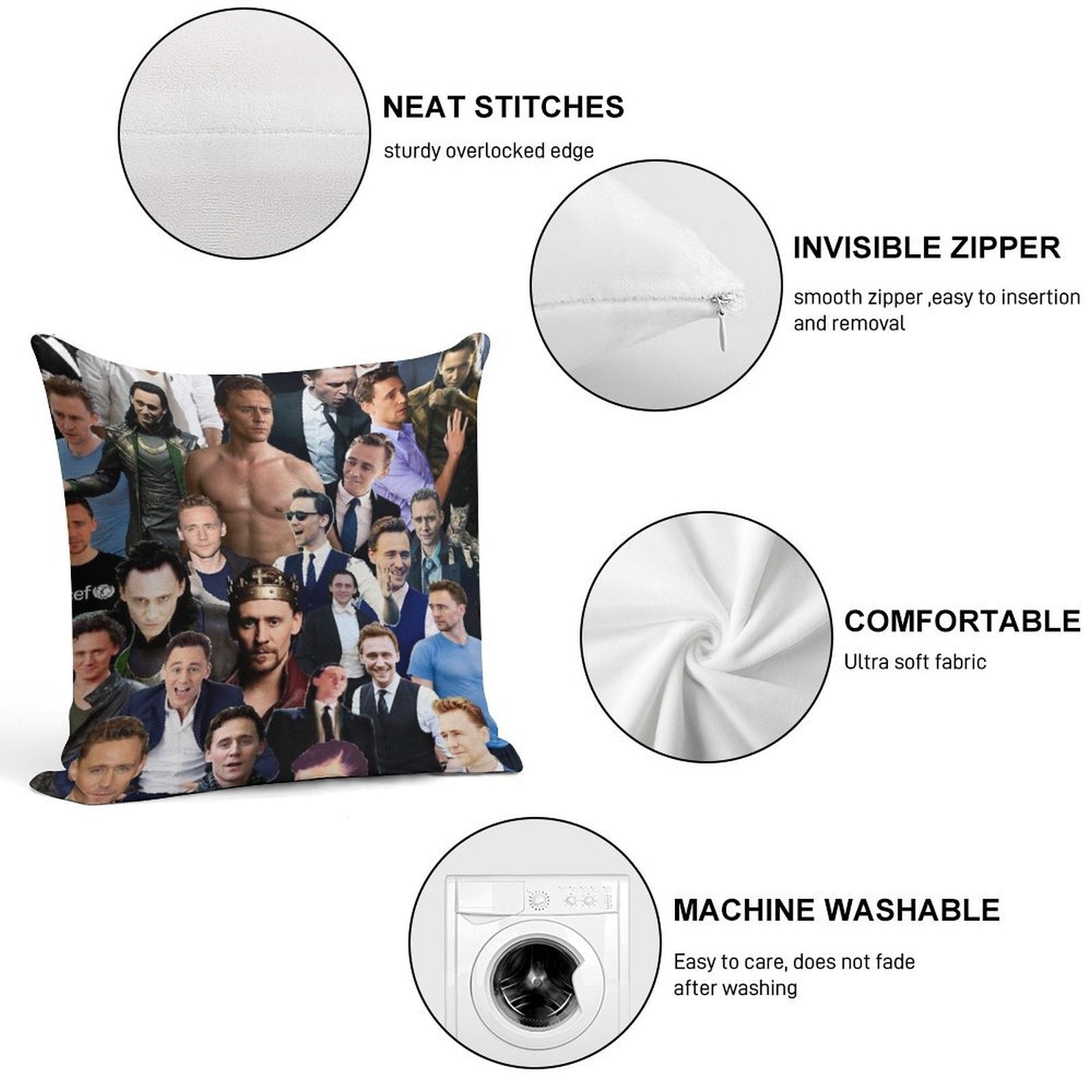 Tom Hiddleston Collage Soft Short Plush Fabric Throw Pillow