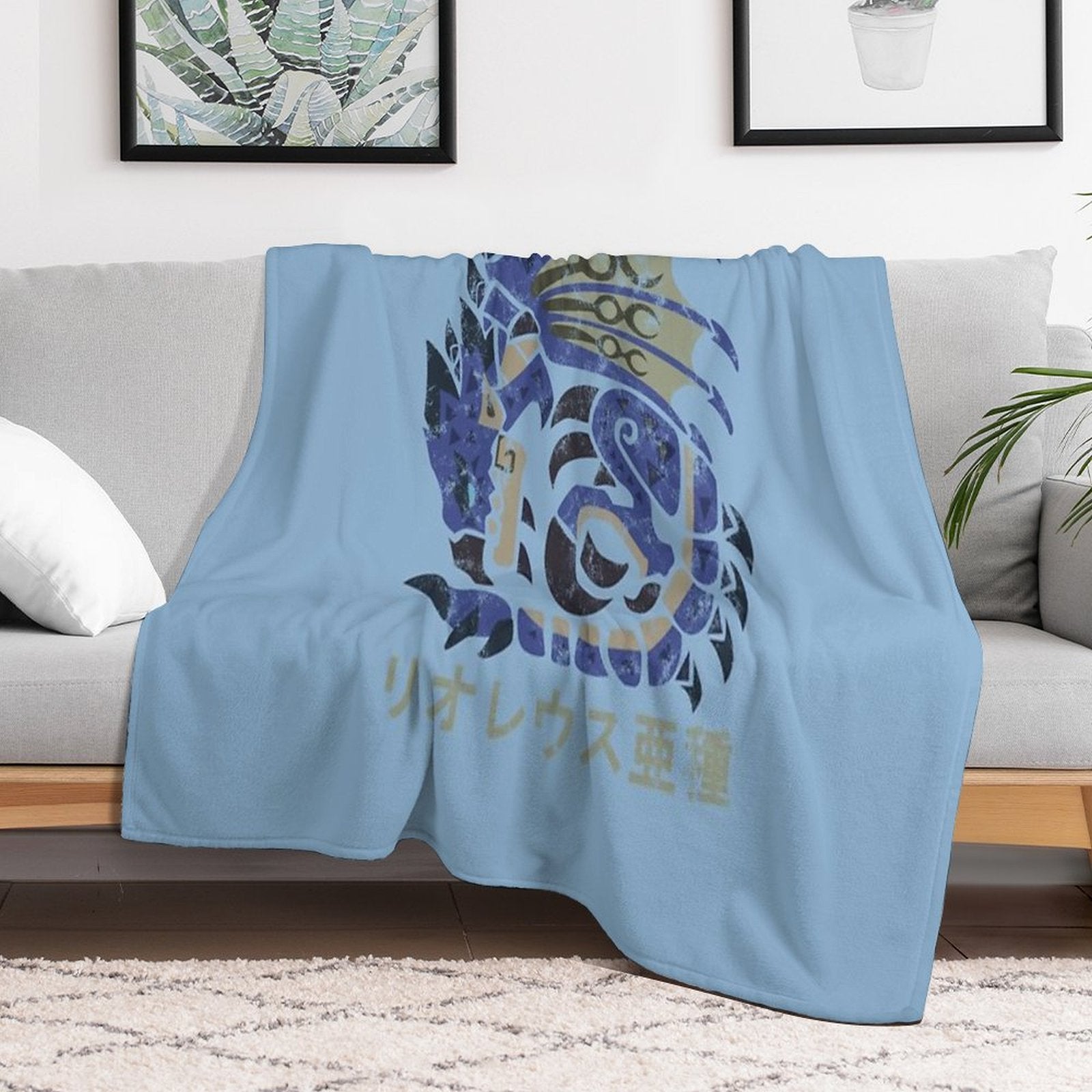 Monster Hunter World Azure Rathalos Kanji Icon Plush Throw Blanket