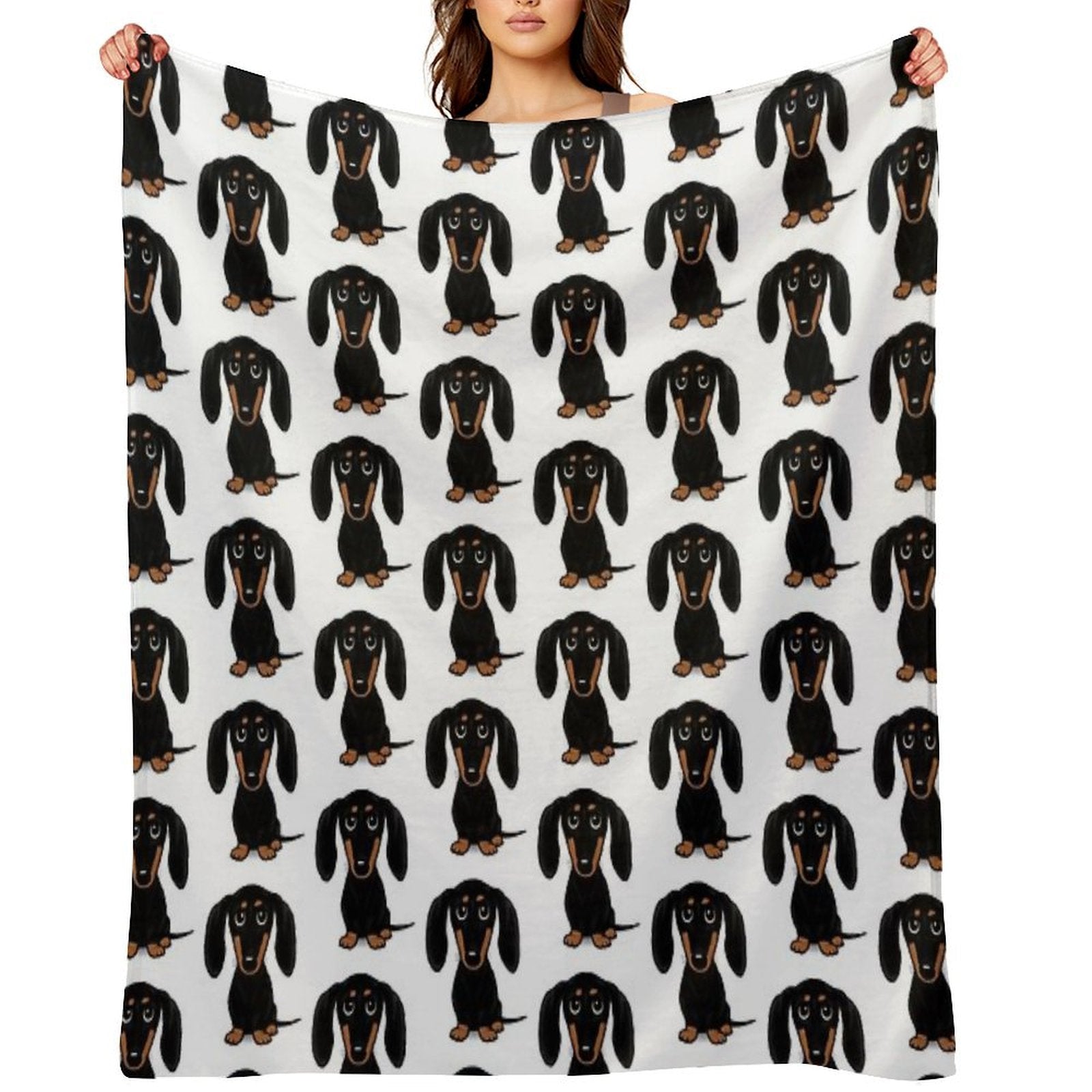 Cute Black And Tan Smooth Coated Dachshund Cartoon Dog Premium Throw Blanket