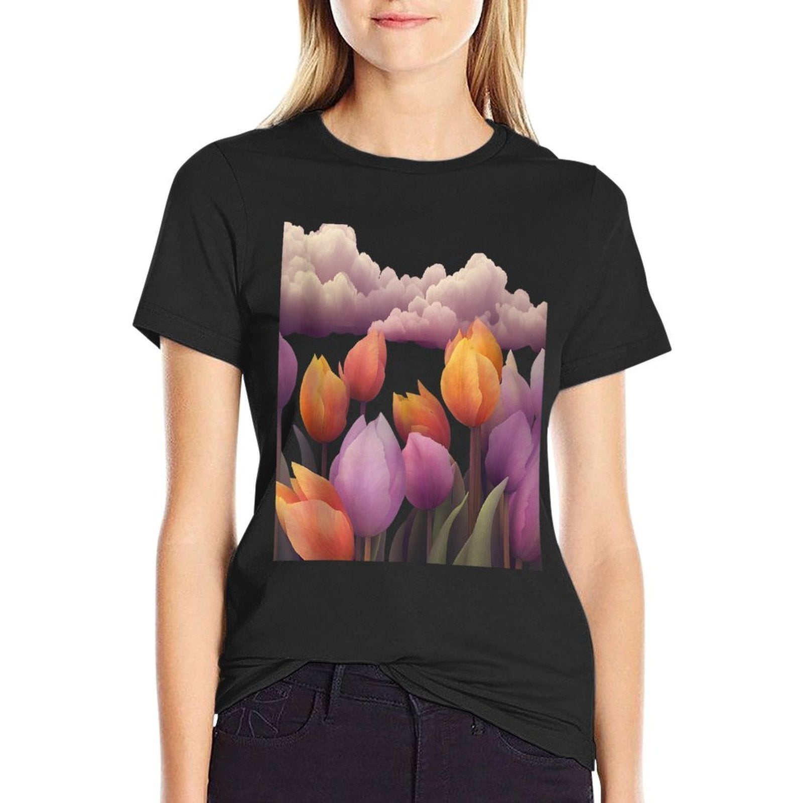 Tulip Fields At Twilight Floral Art  Polyester Blend T-Shirt
