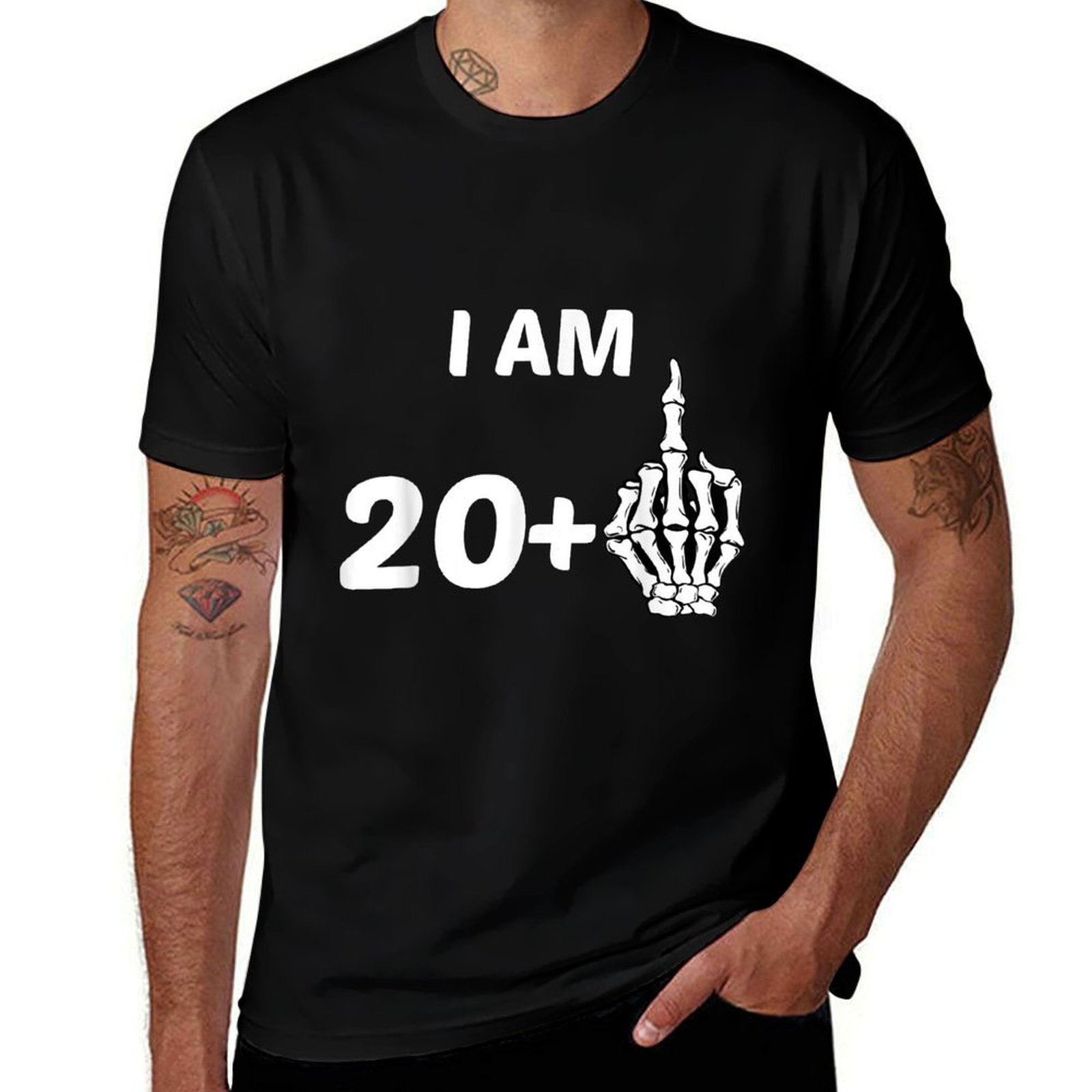 I Am 20 Plus Middle Finger Skeleton Bone Funny 21st Birthday  Ribbed Collar T-Shirt