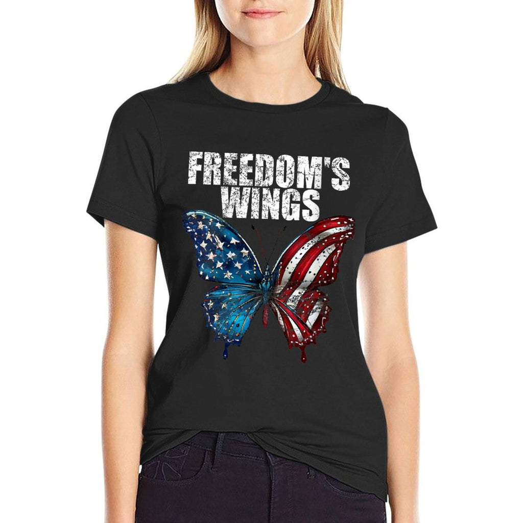 Womens Freedom's Wings Patriotic Butterfly 4th Of July American  Easy-care T-Shirt