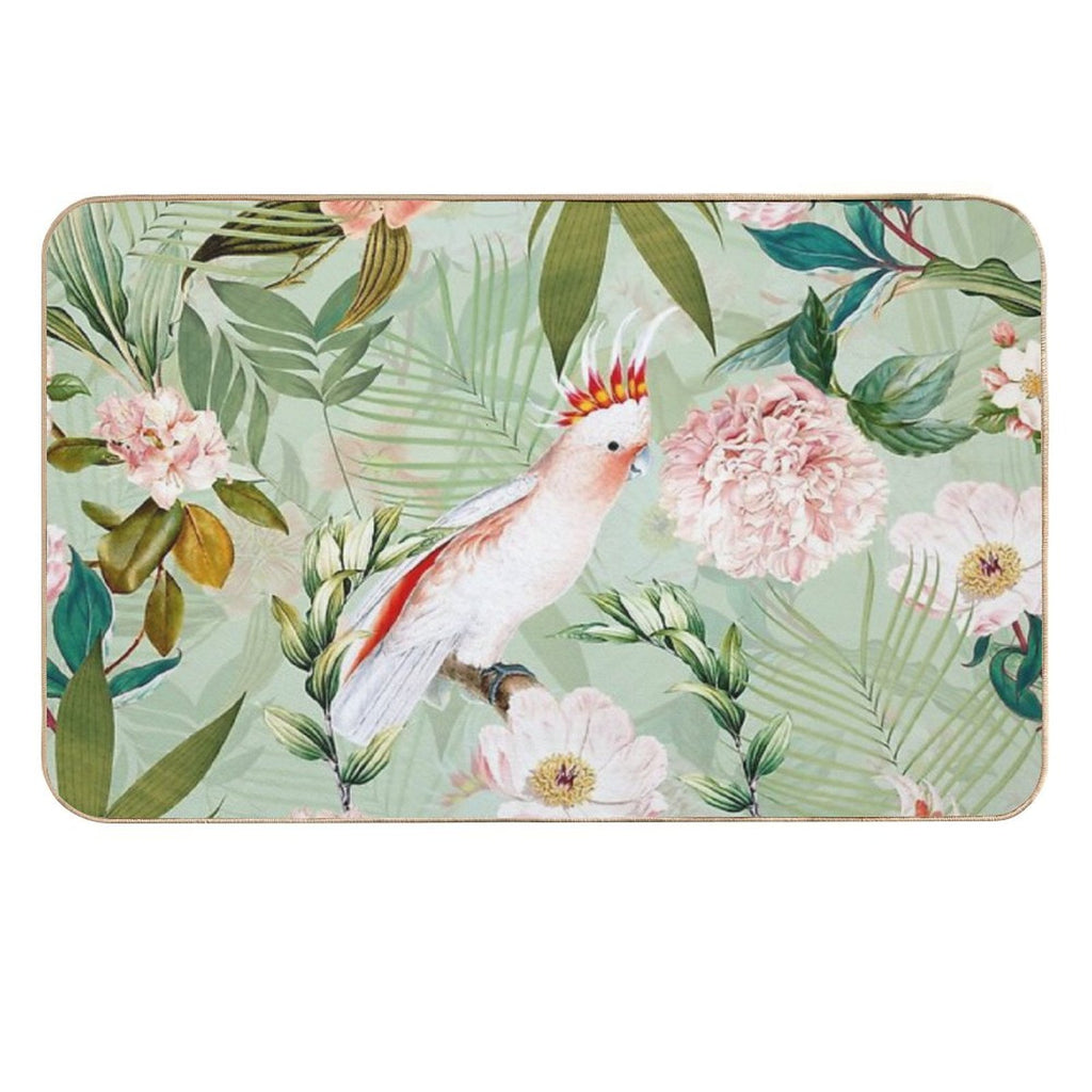 Tropical Cockatoo And Jungle Botanical Garden Pattern - Mint  Slip-Resistant Bath Mat
