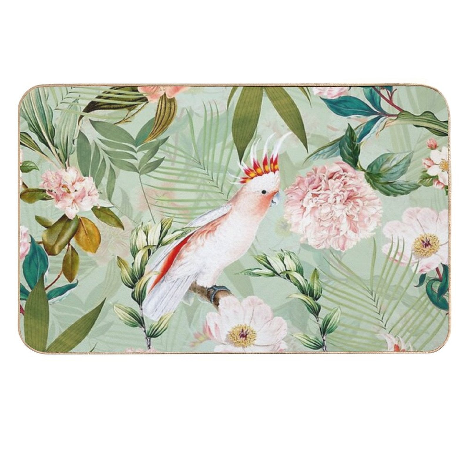 Tropical Cockatoo And Jungle Botanical Garden Pattern - Mint  Slip-Resistant Bath Mat