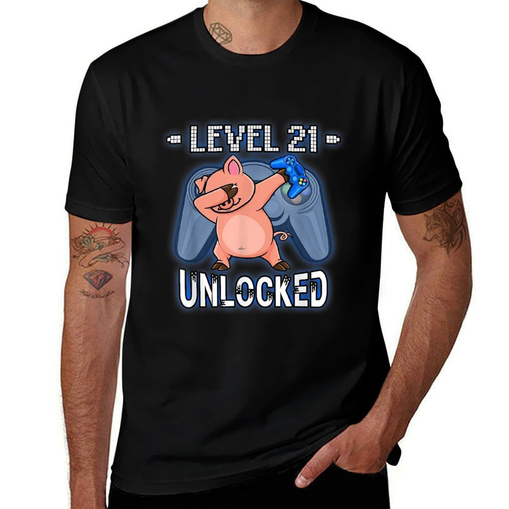 Level 21 Unlocked - Funny Dabbing Pig Gamer 21st Birthday  Cotton T-Shirt