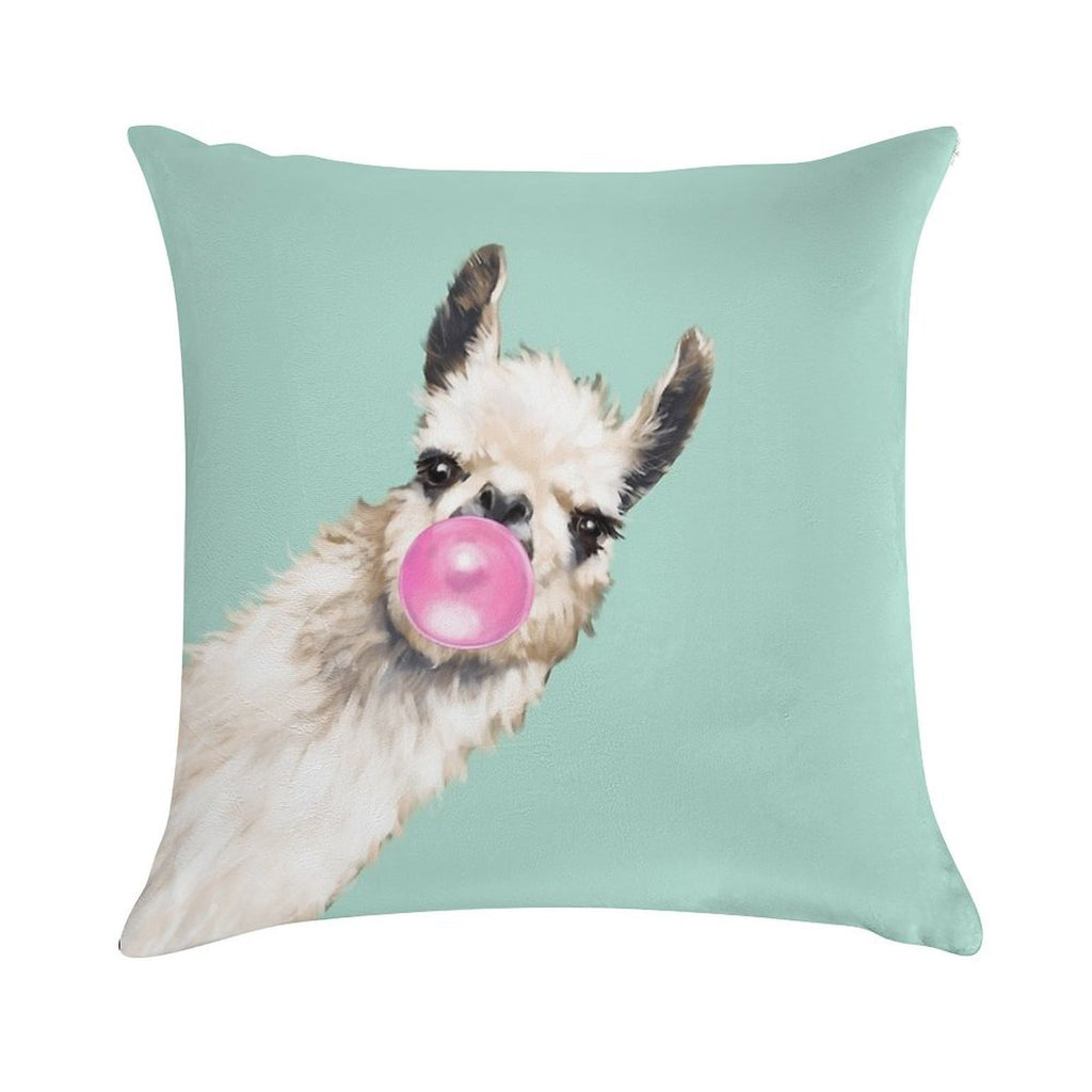 Bubble Gum Sneaky Llama in Green Soft Home Decor Throw Pillow