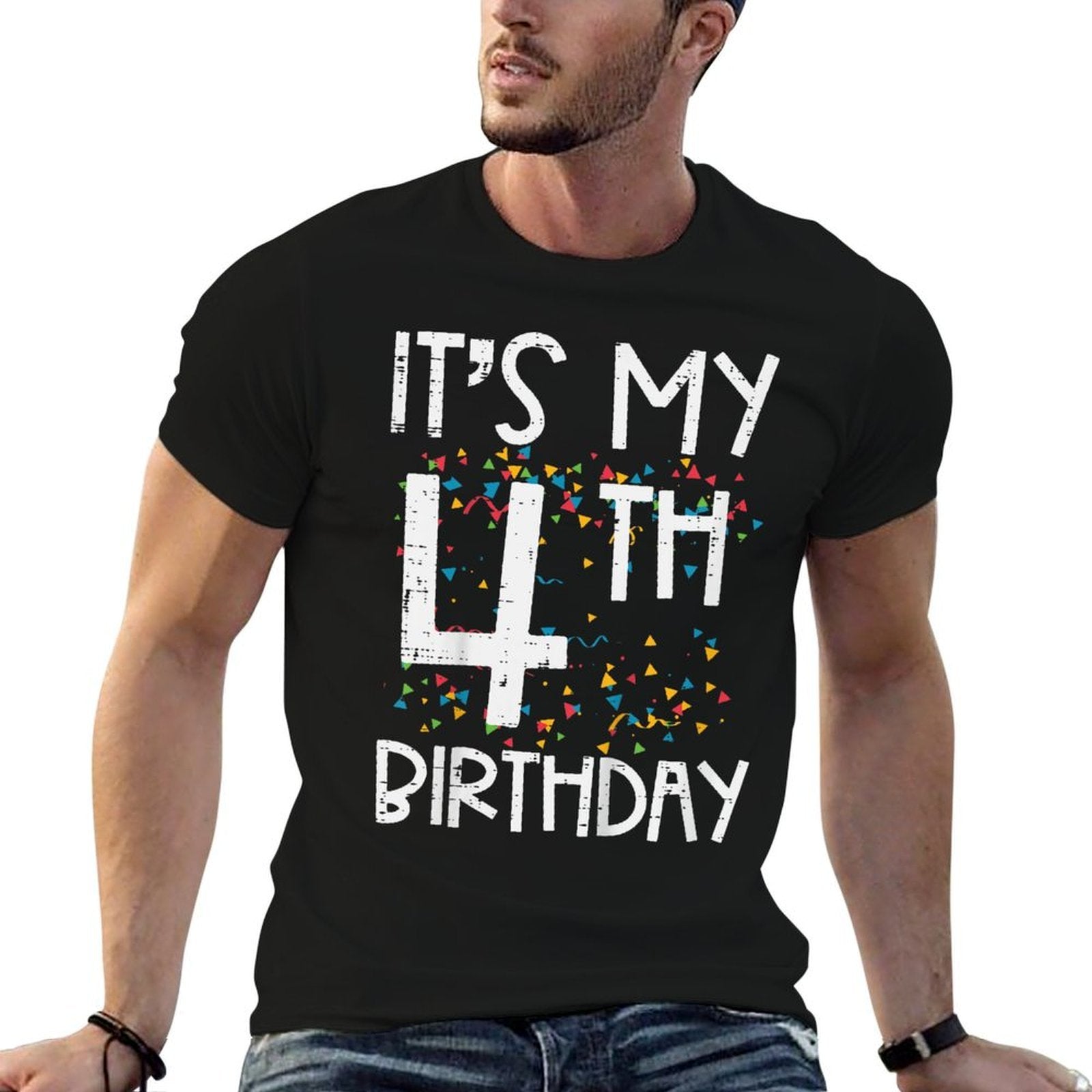 Kids Its My 4th Birthday Confetti 4 Years Old Girls Boys Kids  Ribbed Collar T-Shirt