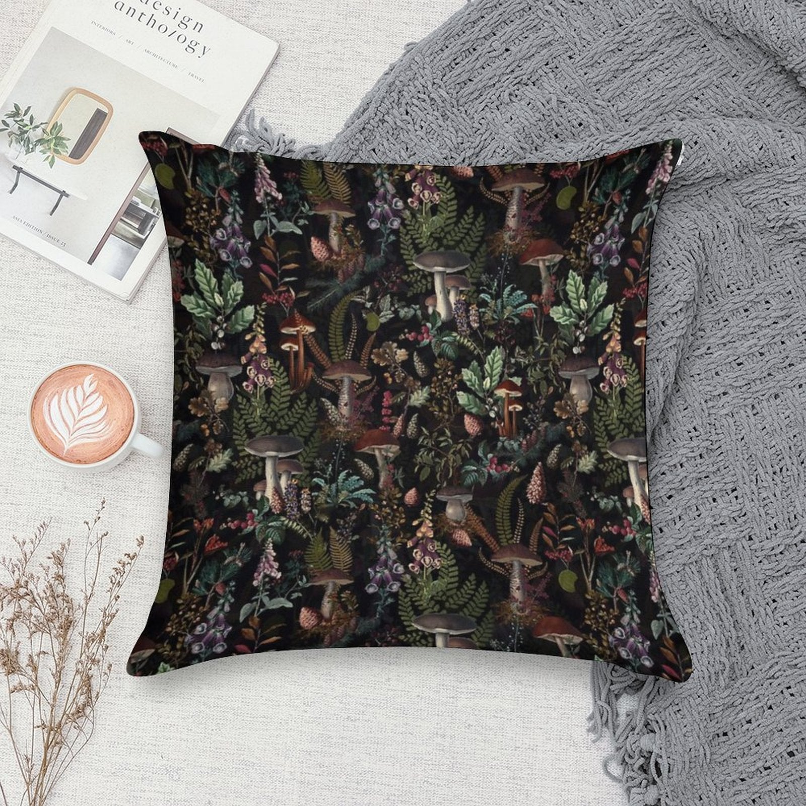 Vintage Mysterious Mushrooms Forest Botanical Botanical Night Garden Pattern NightGarden Soft Gift Ready Throw Pillow