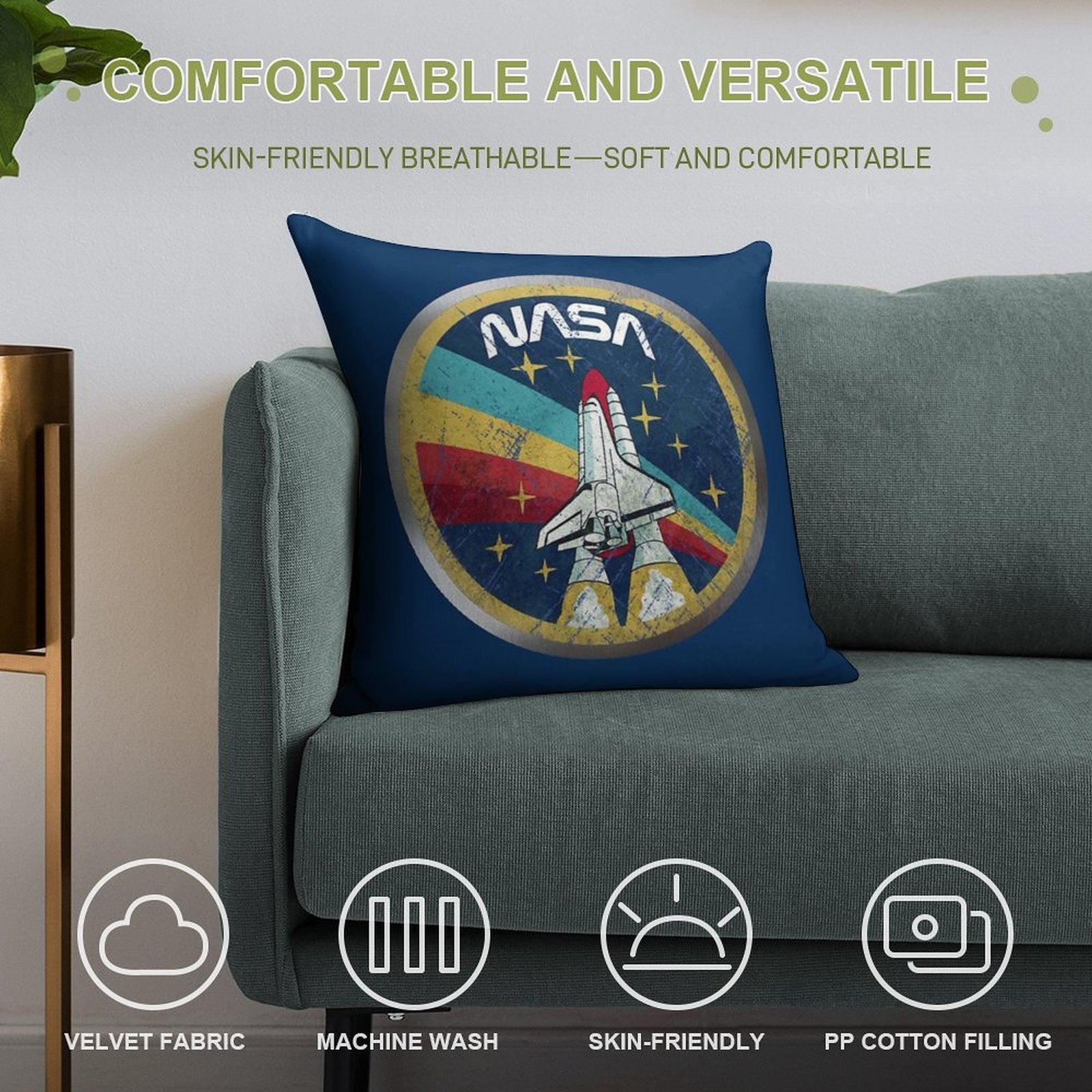 NASA Retro Vintage Logo with Metal Border Soft Anti-Pilling Throw Pillow
