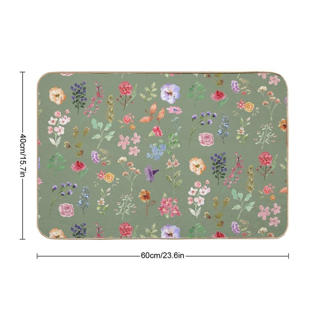 Watercolour Floral Pattern in Sage Green  Eco-Friendly Bath Mat