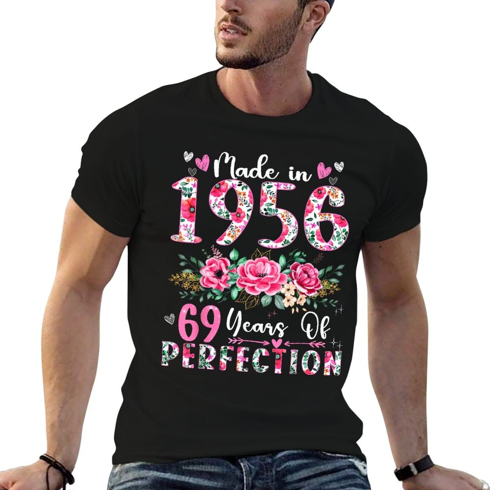 69 Year Old Made In 1956 Floral 69th Birthday Women  Heathered Texture T-Shirt