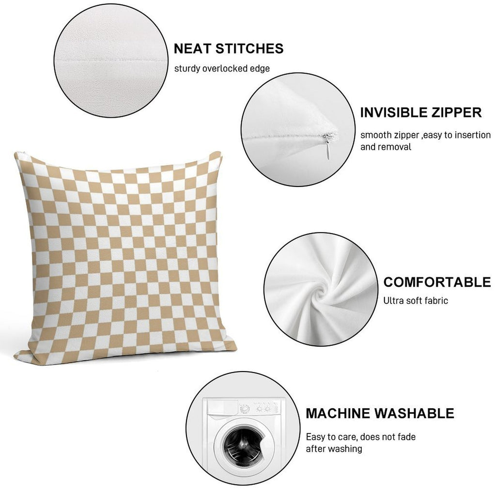 White And Tan Brown Checkerboard Soft High-Density Material Throw Pillow