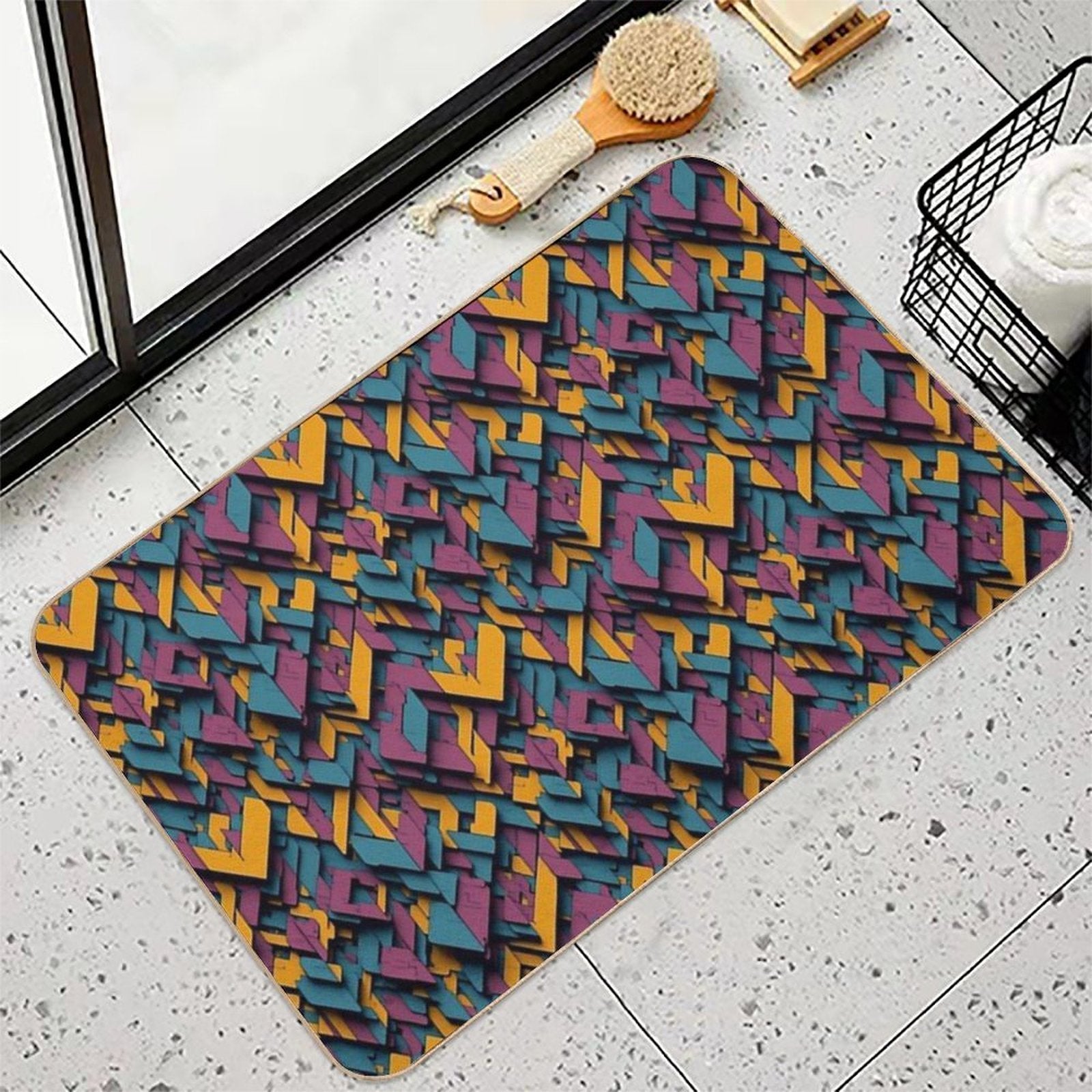 Retro-Inspired Geometric Blocks  Rapid-Drying Bath Mat