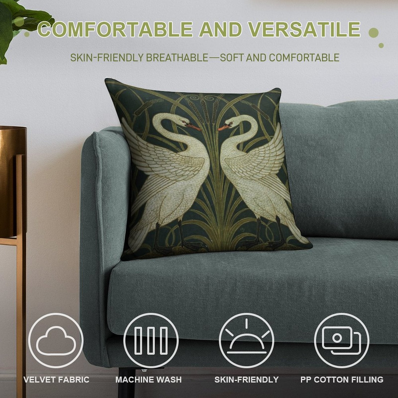Art Deco - Swan, Rush, And Iris Soft Shrink-Resistant Throw Pillow